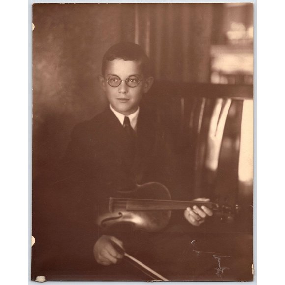 Vintage Boy Portrait Holding Violin and Bow Glasses Suit Tie 8x10in Sepia Photog - Picture 1 of 2